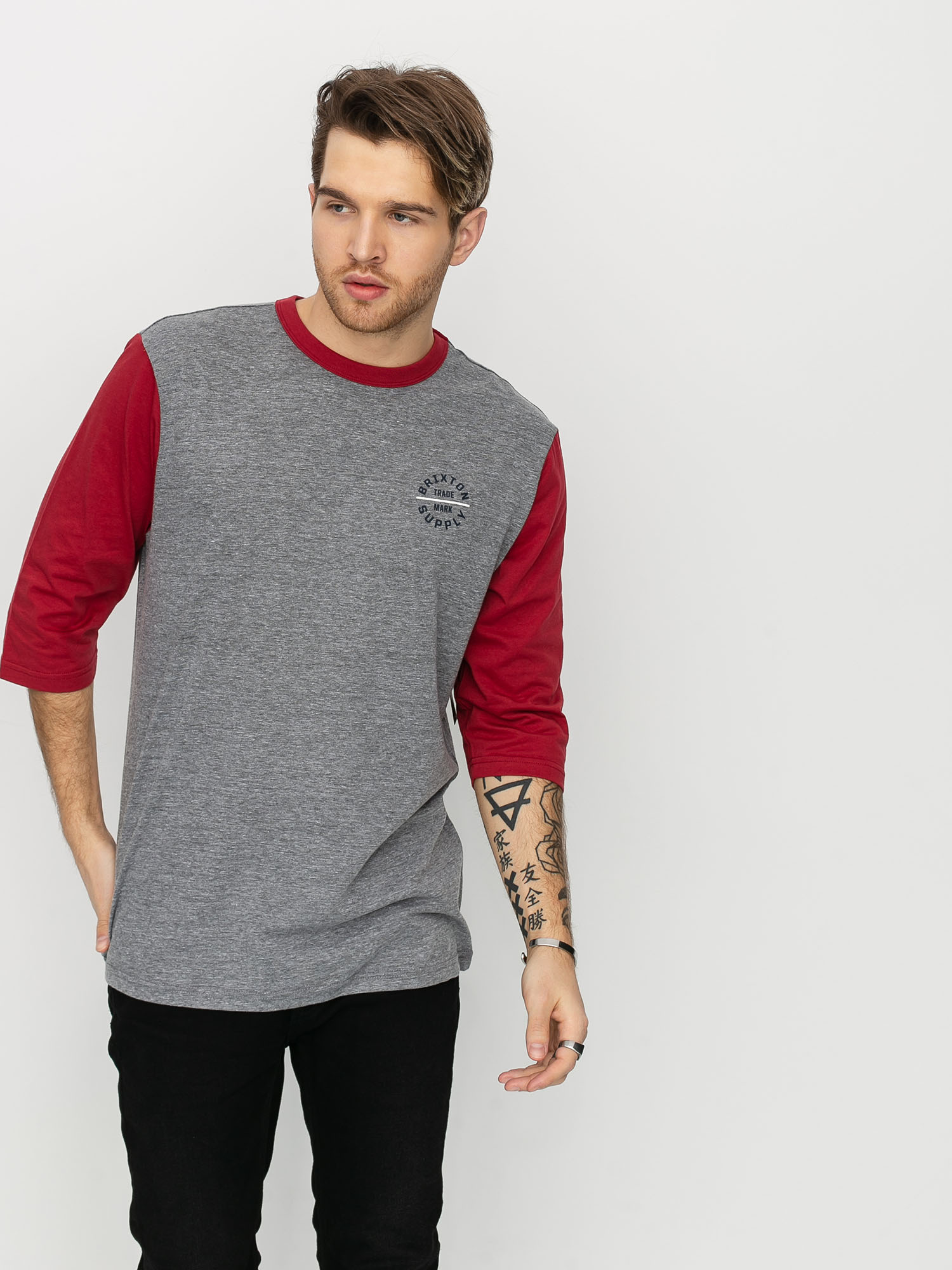 T-shirt Brixton Oath V 3/4 Slv (heather grey/lava red)