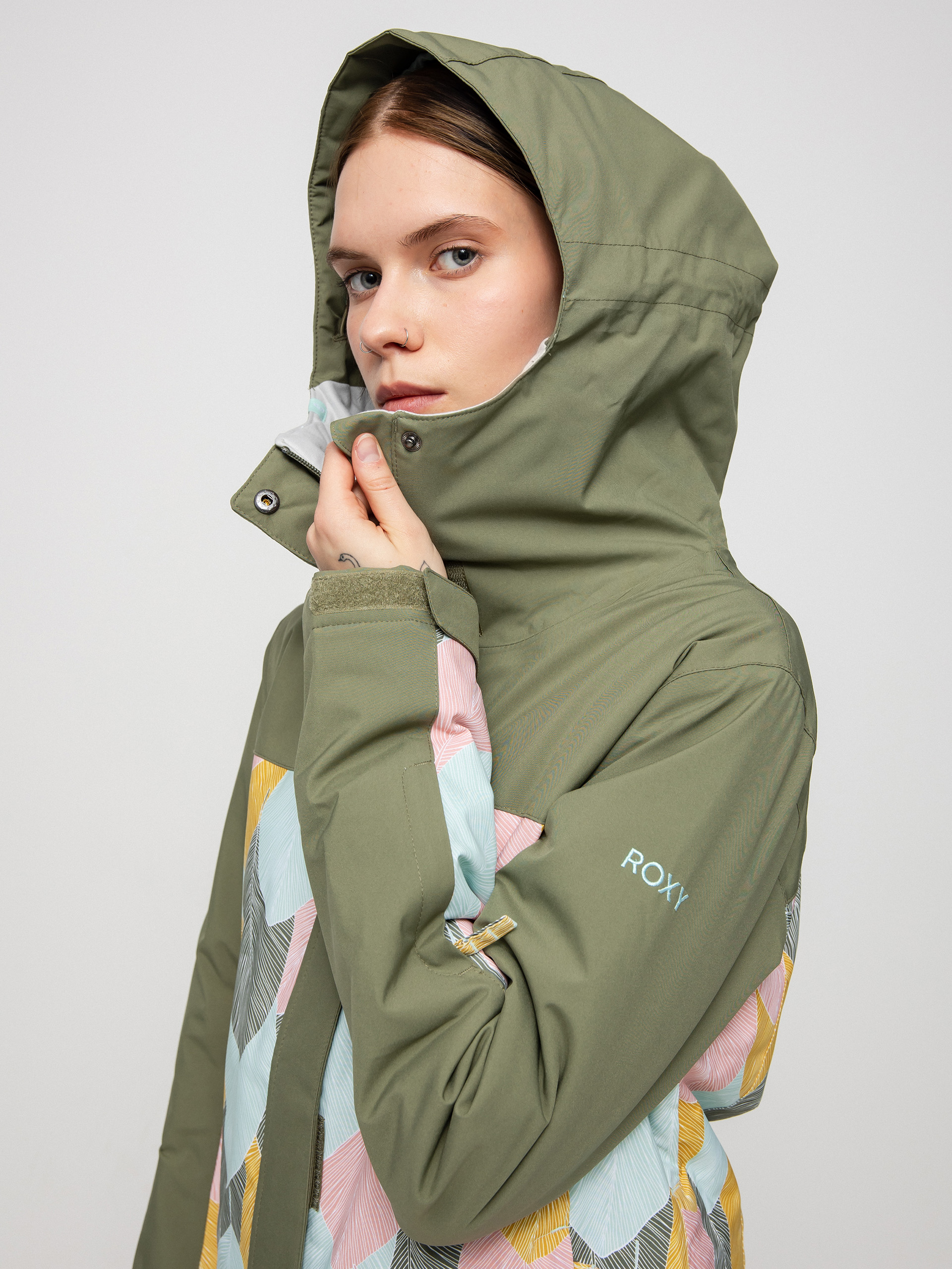 Damska Kurtka snowboardowa Roxy Galaxy Print Block (deep lichen green la palmeraie)