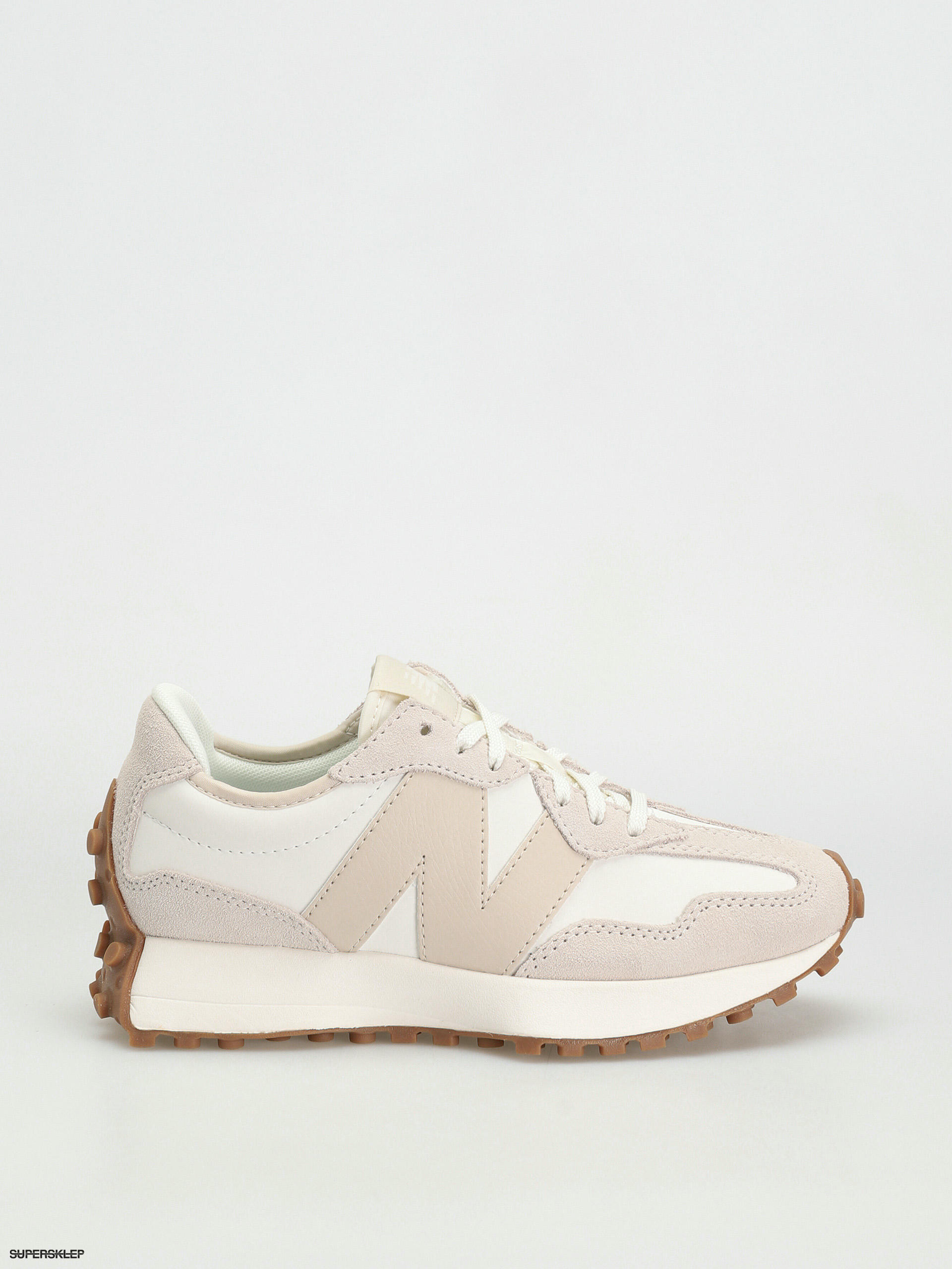 white and beige new balance 327