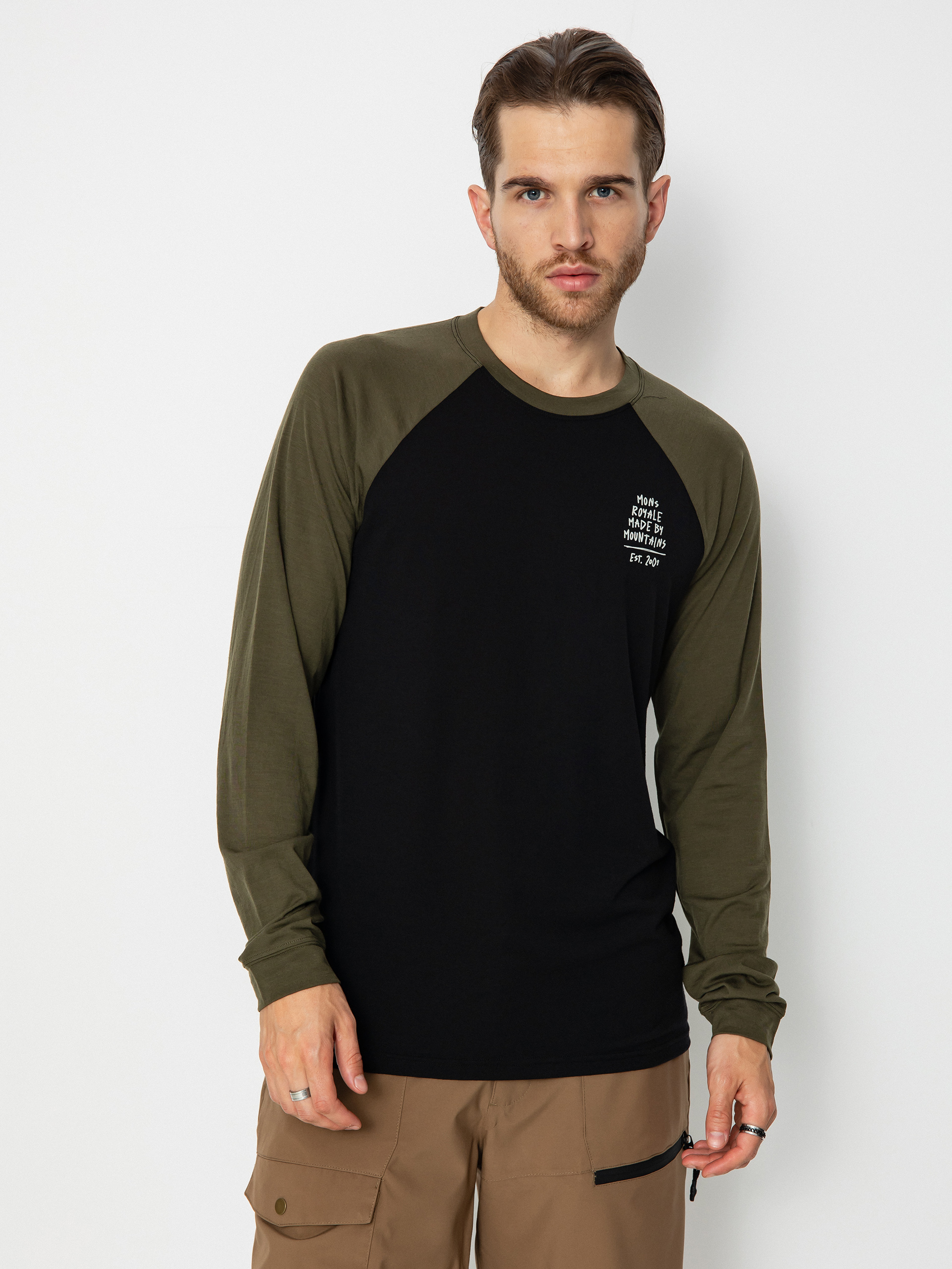 Męski Longsleeve Mons Royale Icon Merino Raglan (dark olive/black)