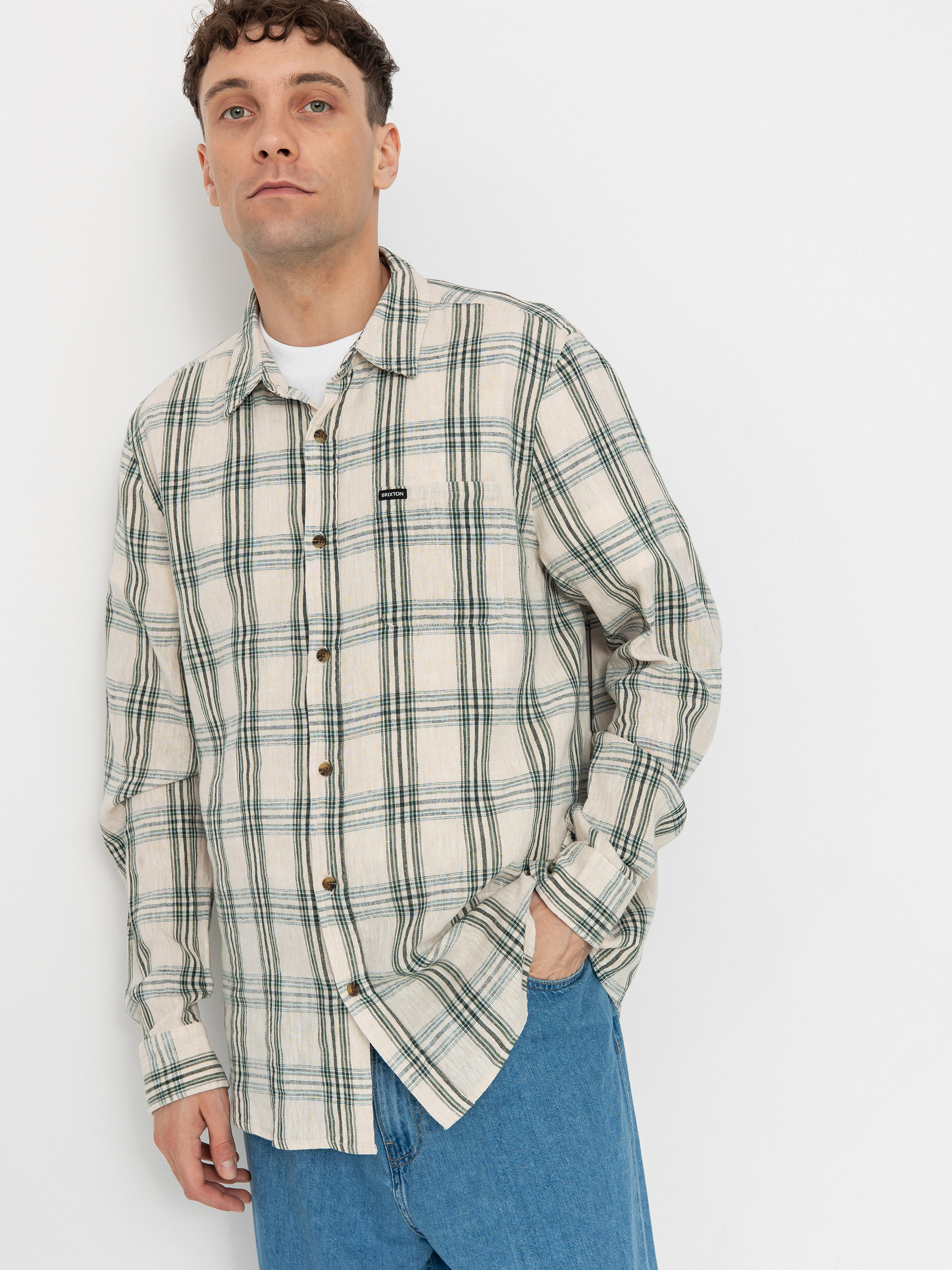 Koszula Brixton Charter Linen Blend Ls (off white/ivy green plaid)