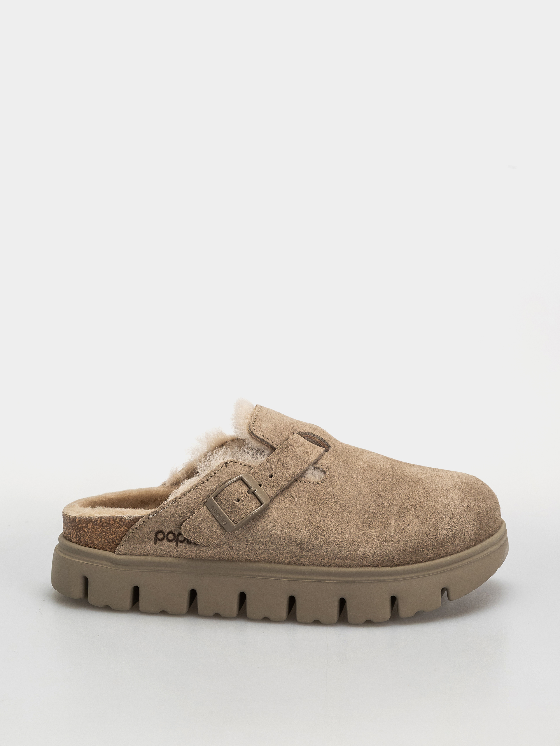 Klapki Birkenstock Boston Chunky Shearling Suede Leather Narrow Wmn (taupe)