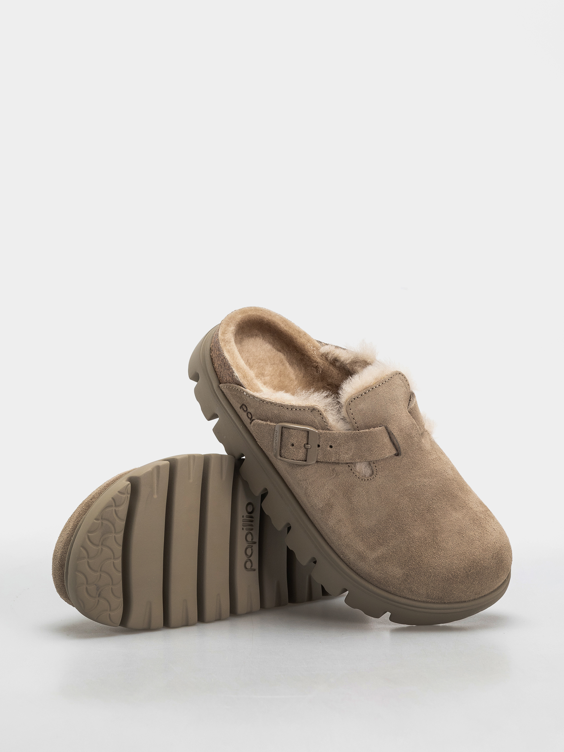 Klapki Birkenstock Boston Chunky Shearling Suede Leather Narrow Wmn (taupe)