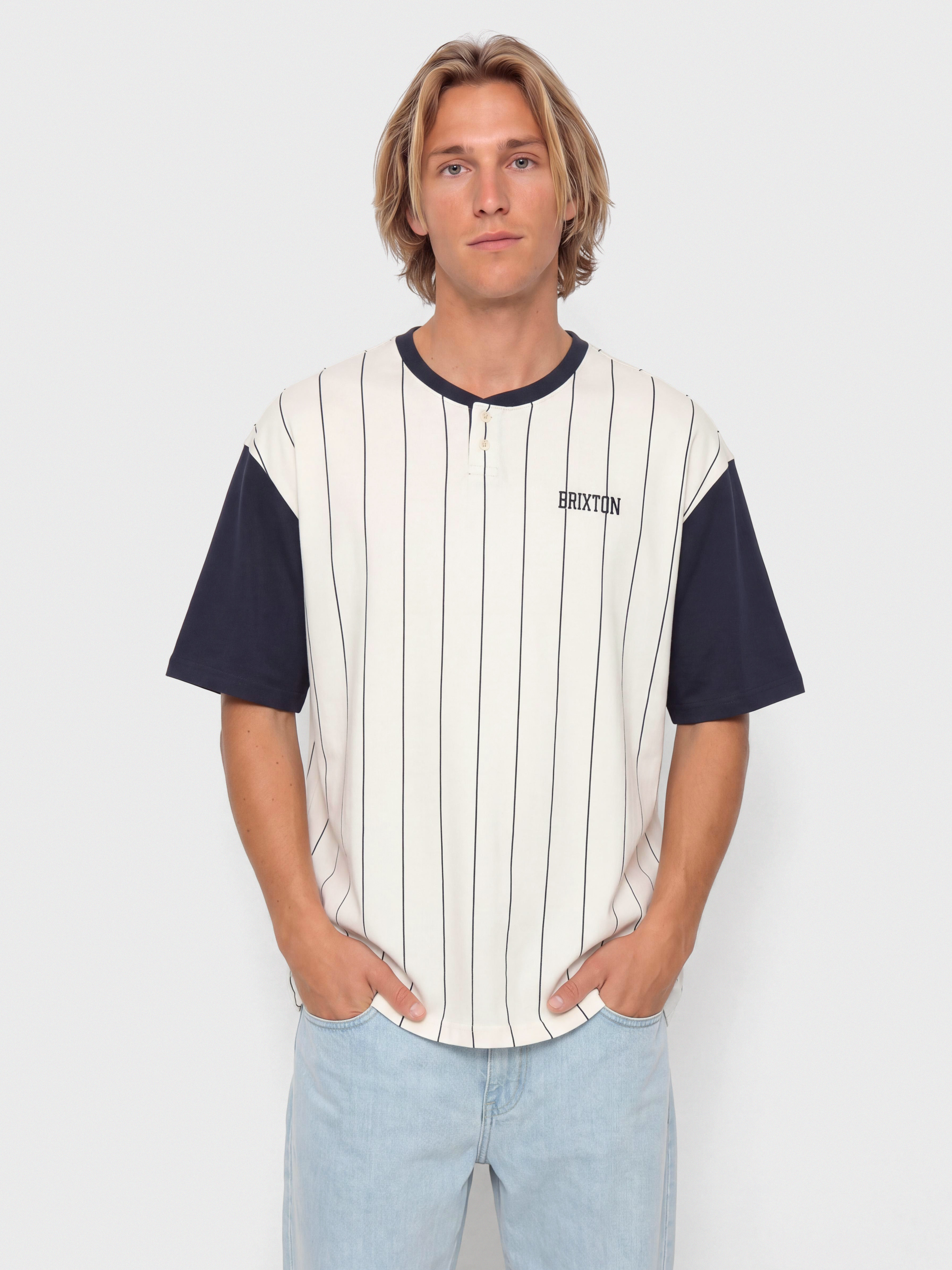 T-Shirt Brixton Boxy Baseball (off white stripe/washed navy)